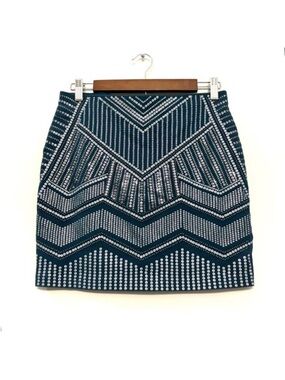 Express Embellished Mini Skirt Beads Sequins Teal Blue Stretchy Women’s S  NWOT